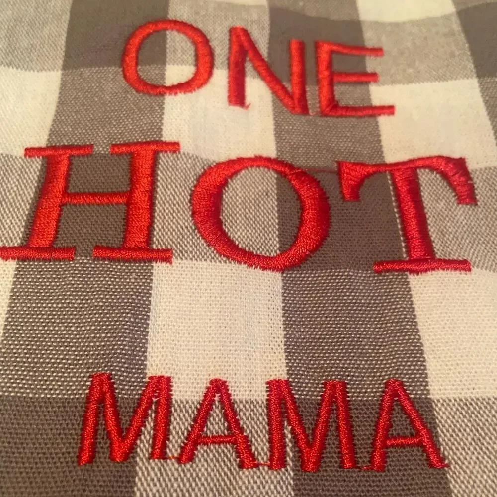 “One Hot Mama” Embroidered Tea Towel Gray/White Checked New
